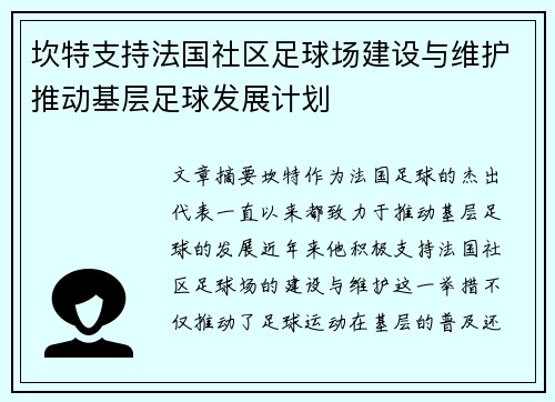 坎特支持法国社区足球场建设与维护推动基层足球发展计划