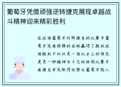 葡萄牙凭借顽强逆转捷克展现卓越战斗精神迎来精彩胜利